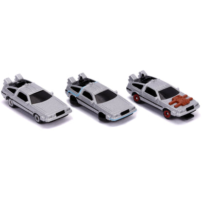 Back to the Future Trilogy die-cast 1⅔-inch Nano "Hollywood Rides" DeLorean Time Machine 3-pack- Back to the Future™- {{Product type}}