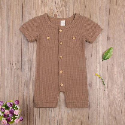 Solid Color Short Sleeve Round Neck Button Baby Playsuit Kia Day Design