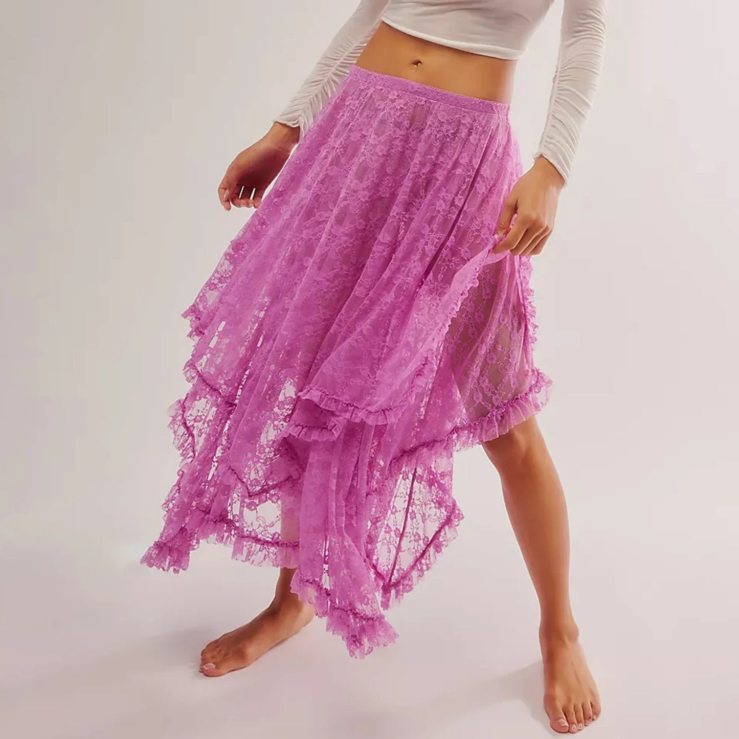 Vintage Lace Flower Women Midi Skirts Elastic High Waist Skirts Spring Summer Chic Irregular Hem Casual Female Skirts - PURPLE -
