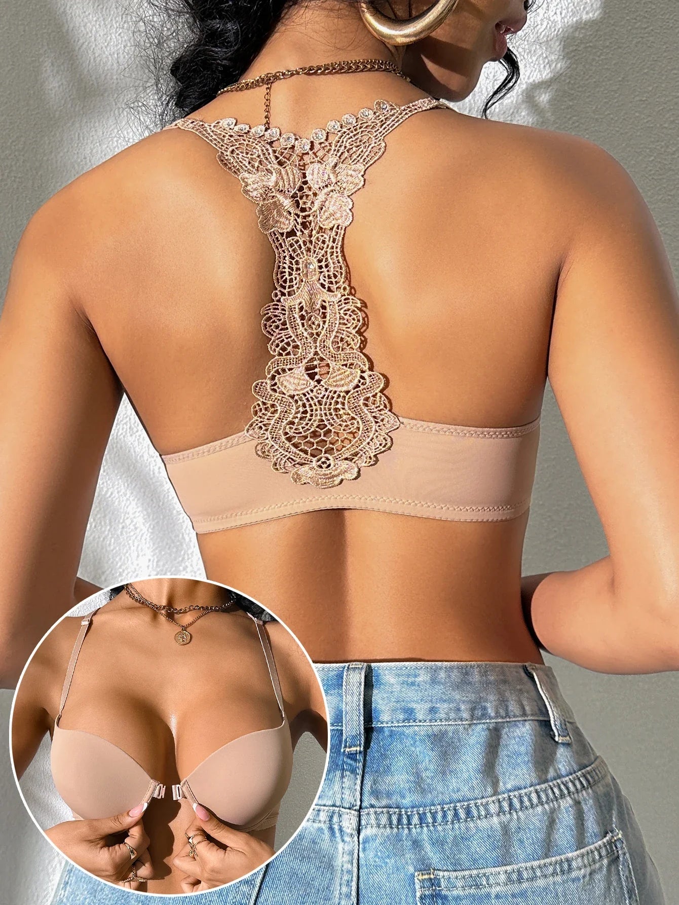 Trendy Women's Sexy Bras Sexy Lace Splicing and Beautiful Back Design Padded Push-Up Bra Comfortable Solid Elegant Backless Bra - -