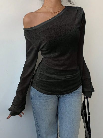 Women's Casual Solid Color Slope Collar Long Sleeved T-Shirt Loose Slouchy Style See-Through Off The Shoulder Top - -