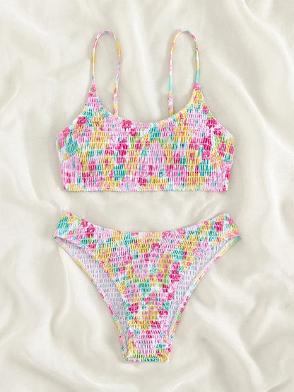 Sexy Pink Floral Print Bikini Set 2024 Women Halter Pleate Push Up High Waist Swimsuit Brazilian Bathing Suit Two Piece Swimwear - -