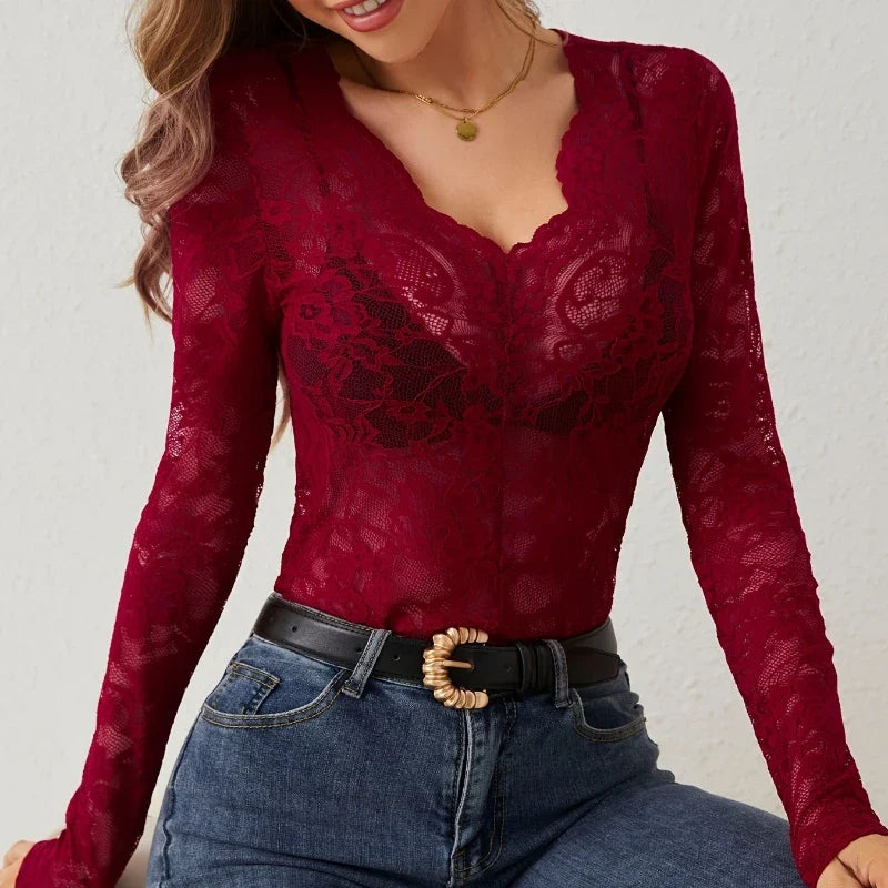 Women Sexy Base Layer Shirt Solid Black Sheer Lace Top Slim Flower Scallop Trim V Neck Long Sleeve T-shirt Trendy Tight Lace Top - Burgundy -