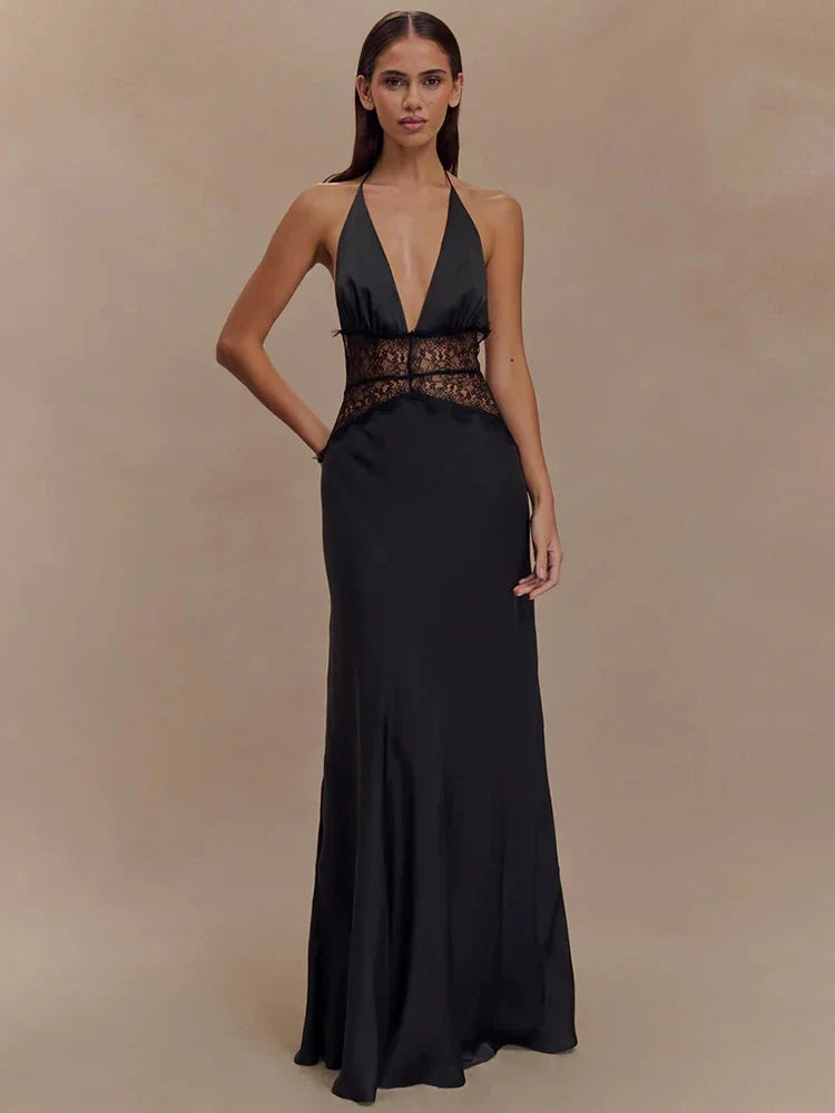 Mozision Backless Maxi Dress Lace Deep V Neck Sleeveless High Waist - black - dress