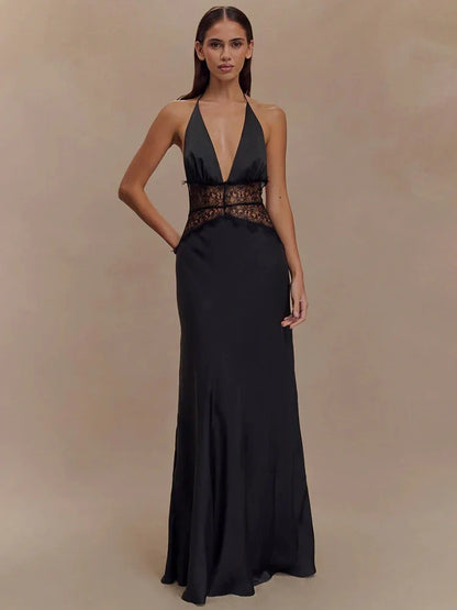 Mozision Backless Maxi Dress Lace Deep V Neck Sleeveless High Waist - black - dress