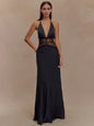 Mozision Backless Maxi Dress Lace Deep V Neck Sleeveless High Waist - black - dress