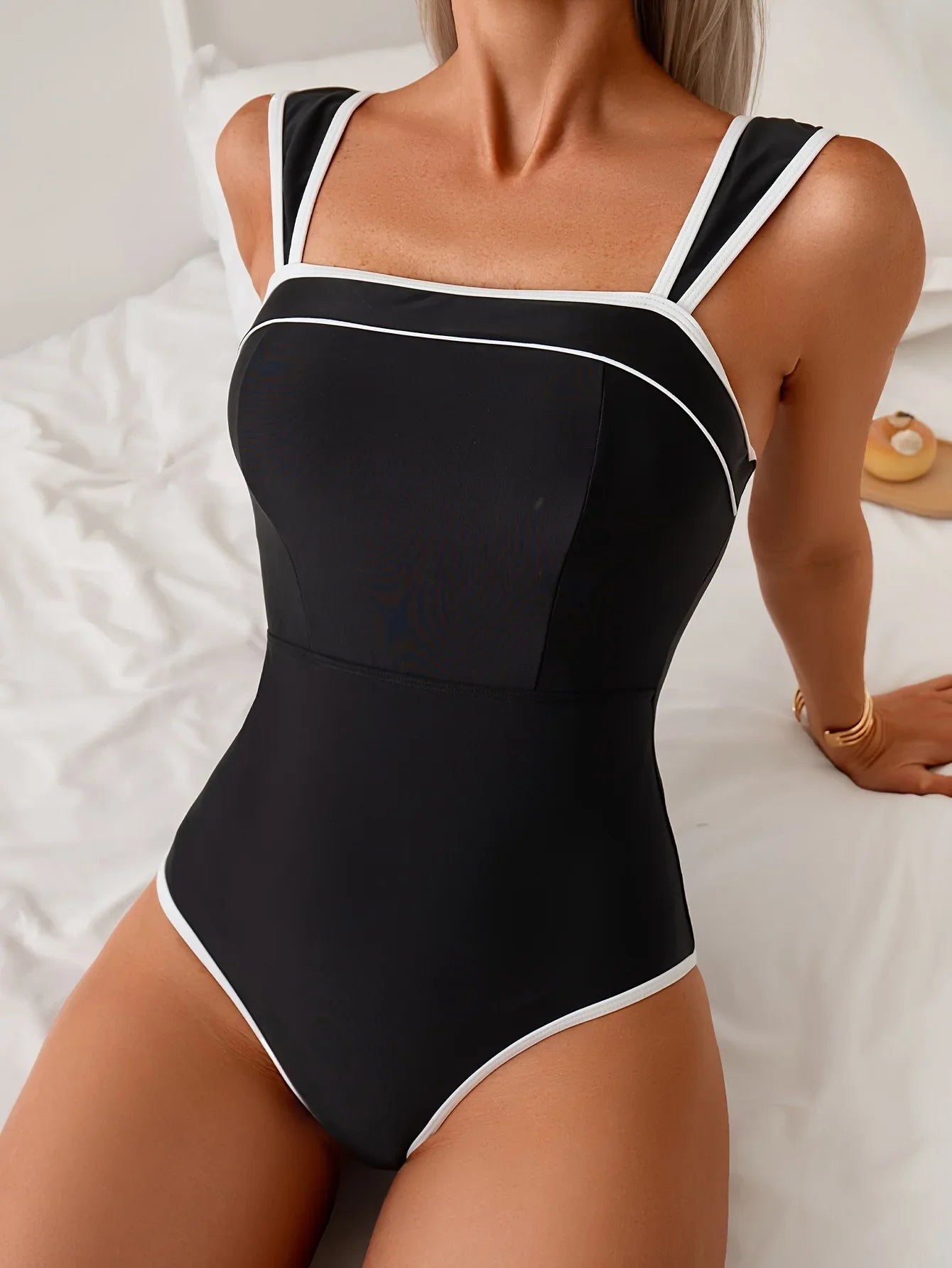 Vintage Black White Contrast Swimwear Women Sexy Push Up Slim Tummy Control One Piece Swimsuit Beach Bathing Suit Pool Monokini - -