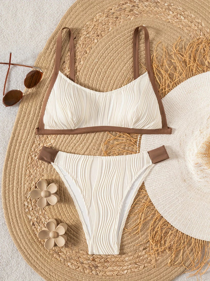 Sexy Khaki Patchwork Bikini Set 2025 Women Ribbed Push Up Thong Swimsuit Summer Bathing Suit Holiday Two Piece Swimwear Biquini - -