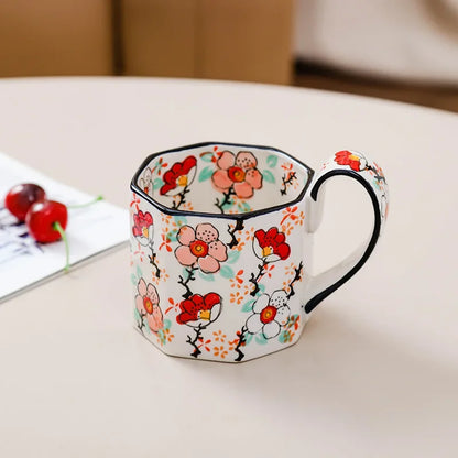 Retro Flower Mug Ceramic Coffee Cup 400ML red white pink