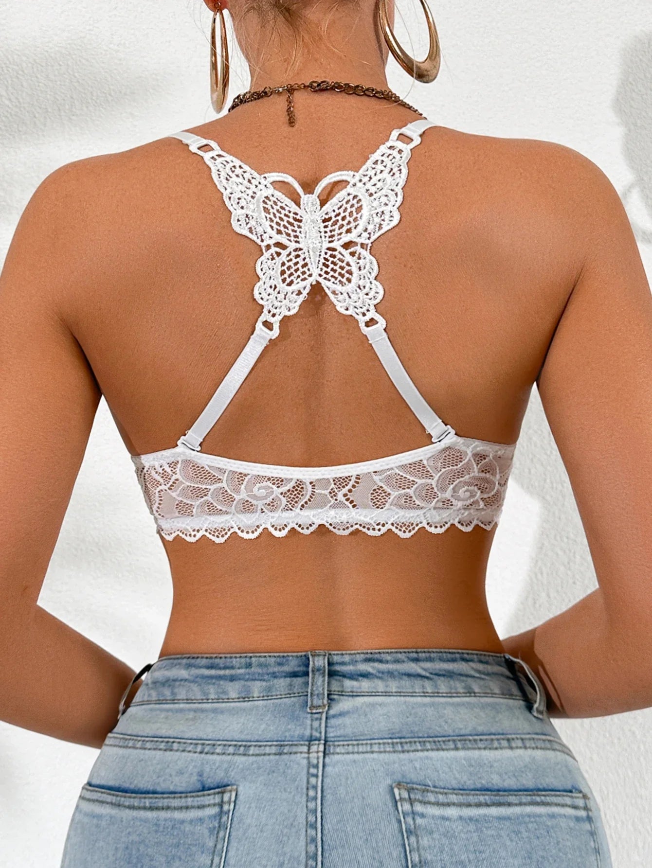 Women's sexy bras Front Buckle Push up bra Removable Back-beautifying lace butterfly pattern Fashionable & Comfortable bra - WHITE -
