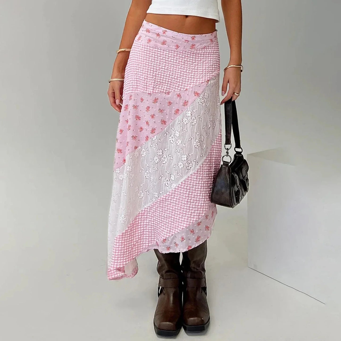 New Irregular Women Lace Flowy Midi Skirt Vintage Low Waist Floral Print Long Skirt Lightweight Summer Sexy Club Party Skirt - -
