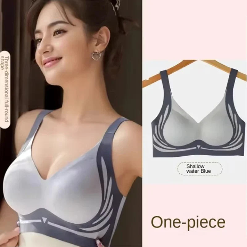 Push-Up Bra Women Seamless Ladies Underwear V-neck No Steel Ring Adjustable Comfortable Thin Top Bra Breathable Gathered - -