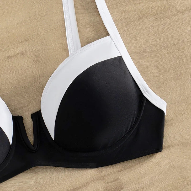 Sexy Black White Patchwork Bikini 2024 Women Halter V Underwire Push Up Micro Swimsuit Beach Bathing Suit High Waist Swimwear - -