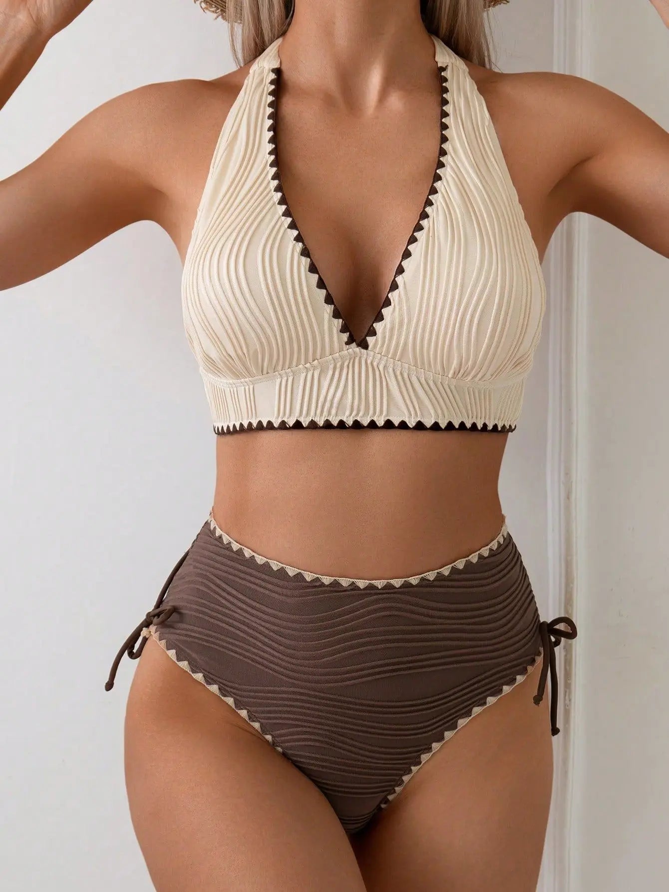 2026 Sexy Khaki Patchwork Two Piece Bikini Set Women Push Up Drawstring Side High Waist Swimsuit Holiday Bathing Suit Swimwear - -