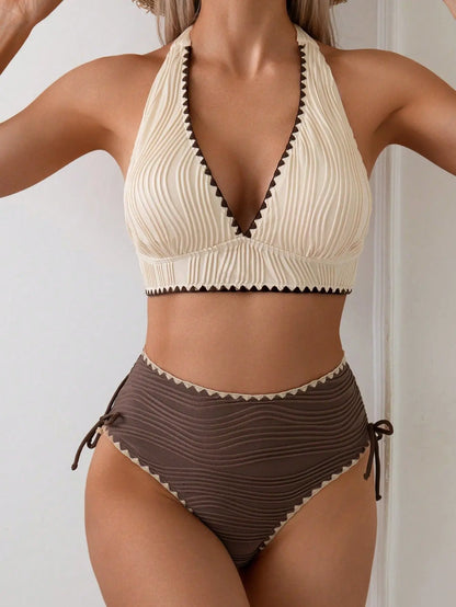 2026 Sexy Khaki Patchwork Two Piece Bikini Set Women Push Up Drawstring Side High Waist Swimsuit Holiday Bathing Suit Swimwear - -