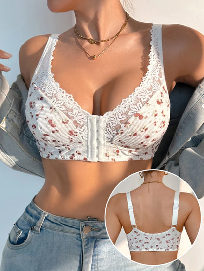 Women's Ditsy Floral Lace Wireless Bra Adjustable Straps Mesh Unlined Comfortable Daily Bralette for Women - WHITE -