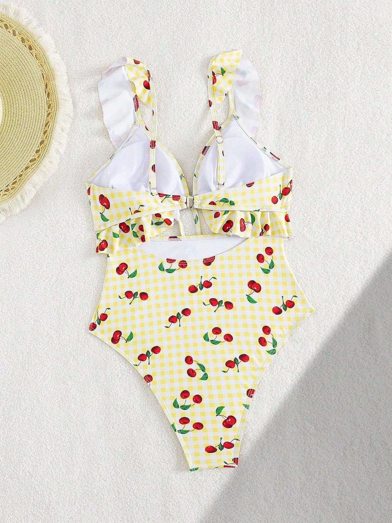 Vintage Pink Starberry Print One Piece Swimsuit 2026 Women Ruffles Bandage Cross High Waist Bikini Beach Bathing Suit Swimwear - -