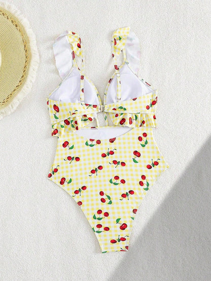Vintage Pink Starberry Print One Piece Swimsuit 2026 Women Ruffles Bandage Cross High Waist Bikini Beach Bathing Suit Swimwear - -