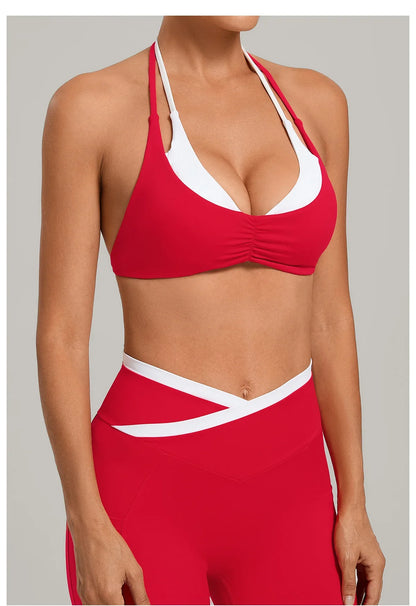 Women's Gym Workout Two-color Yoga Sports Bras Halter Neck Open Back Design Sports Tank Top Running Fitness Built-in Bra Cups - -