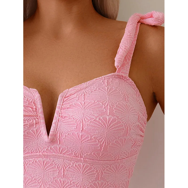 Vintage Pink Floral Print Swimwear Women 2026 Tie Strap V Neck Slim Tummy Control One Piece Swimsuit Beach Holiday Bathing Suits - -
