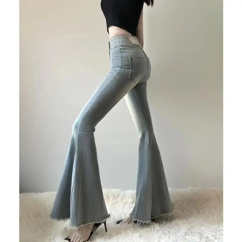 Fishtail Hem Denim Flare Pants - - Pants