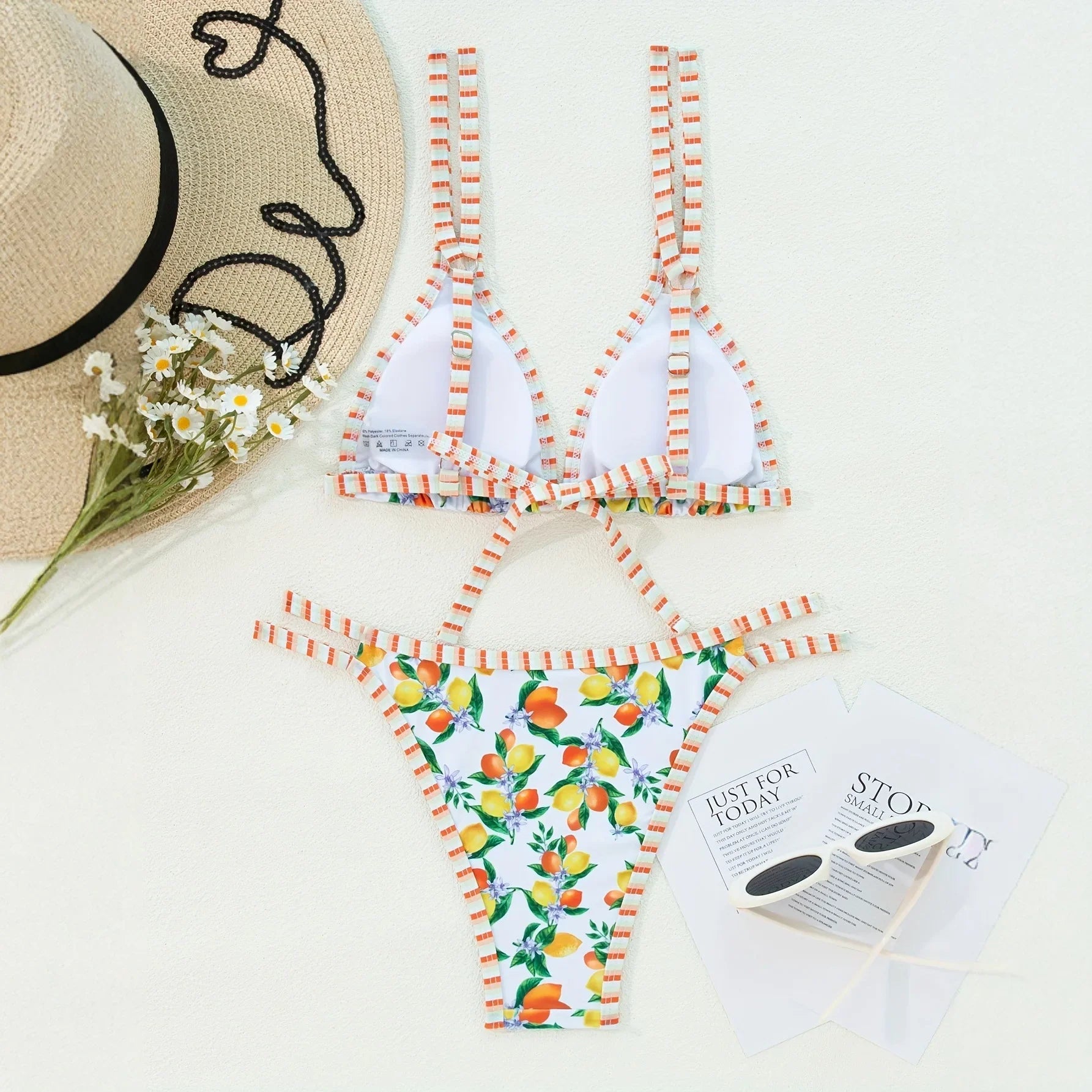 2026 Sexy Orange Print Micro Bikini Women Double Strap Push Up Bra Hollow Out Thong Swimsuit Beach Bathing Suit Holiday Swimwear - -