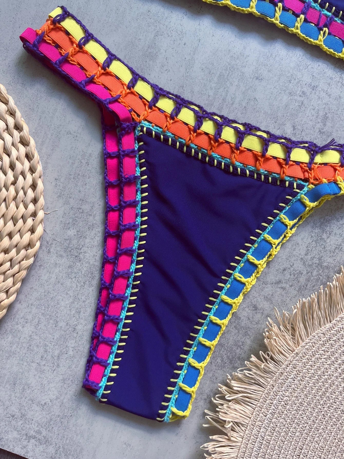 Sexy Black Patchwork Hand Crochet Bikini Set Women 2026 V Neck Push Up Bra Thong Swimsuit Beach Bathing Suit Knitted Swimwear - -