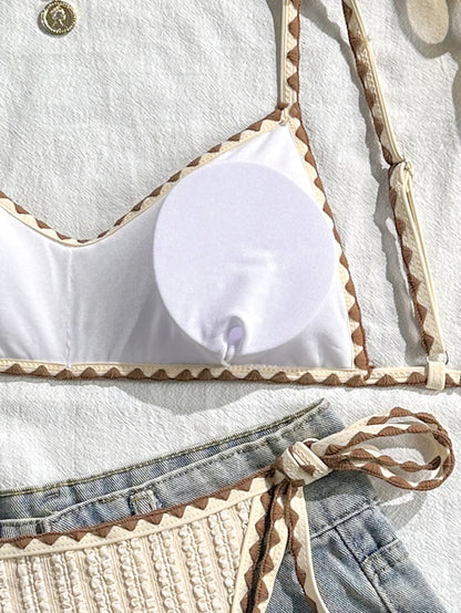 Sexy Triangle Bikini Set 2026 Women Beige Patchwork Pleate Push Up Bra Tie Side Thong Swimsuit Beach Bathing Suit Micro Swimwear - -