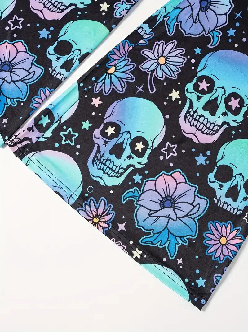 Hallowmas Skull Flower Print Pants Woman 2025 Plus Size Elastic Waist Wide Leg Pant Casual Large Full-length Trousers - -