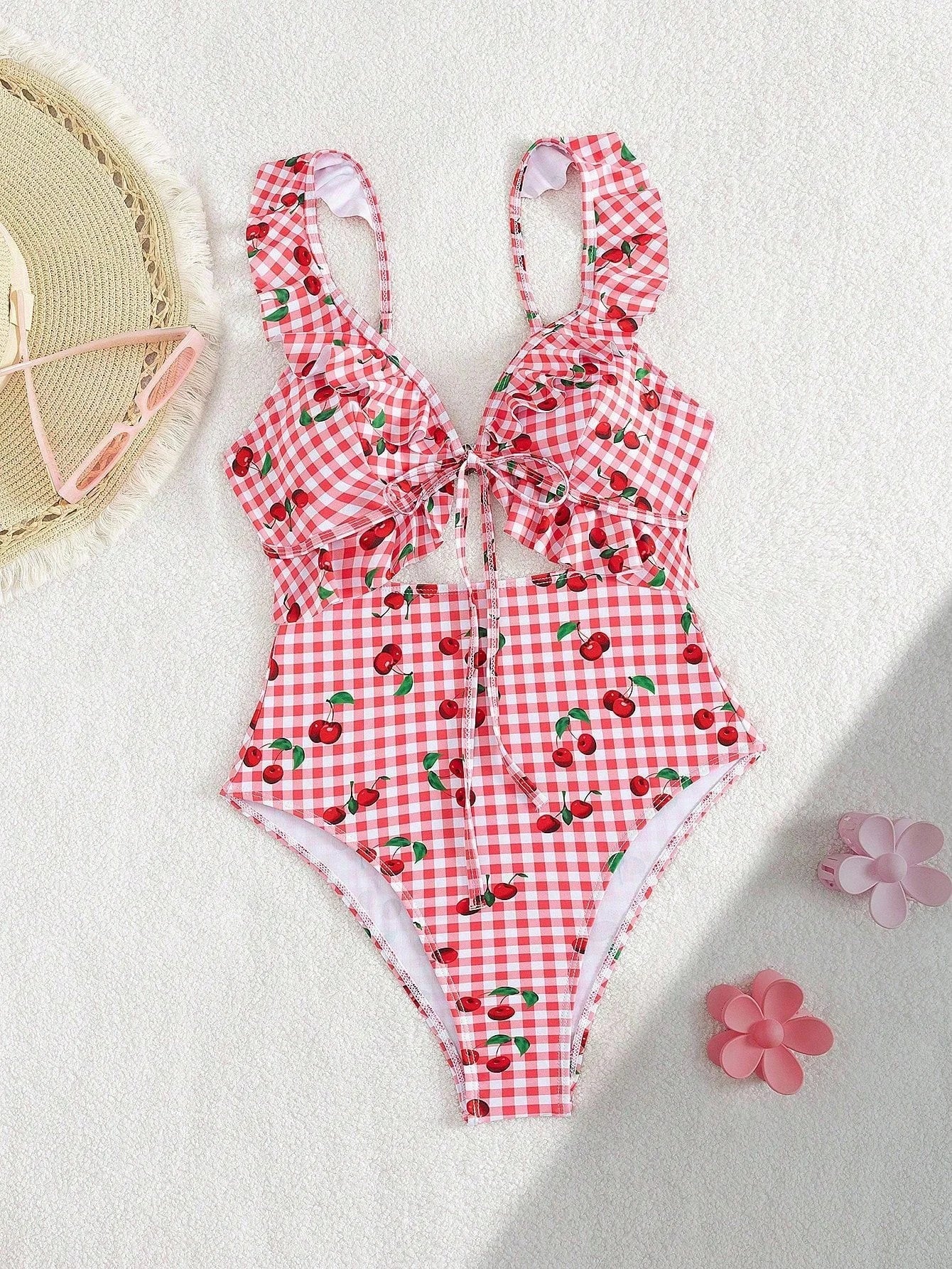Vintage Pink Starberry Print One Piece Swimsuit 2026 Women Ruffles Bandage Cross High Waist Bikini Beach Bathing Suit Swimwear - -