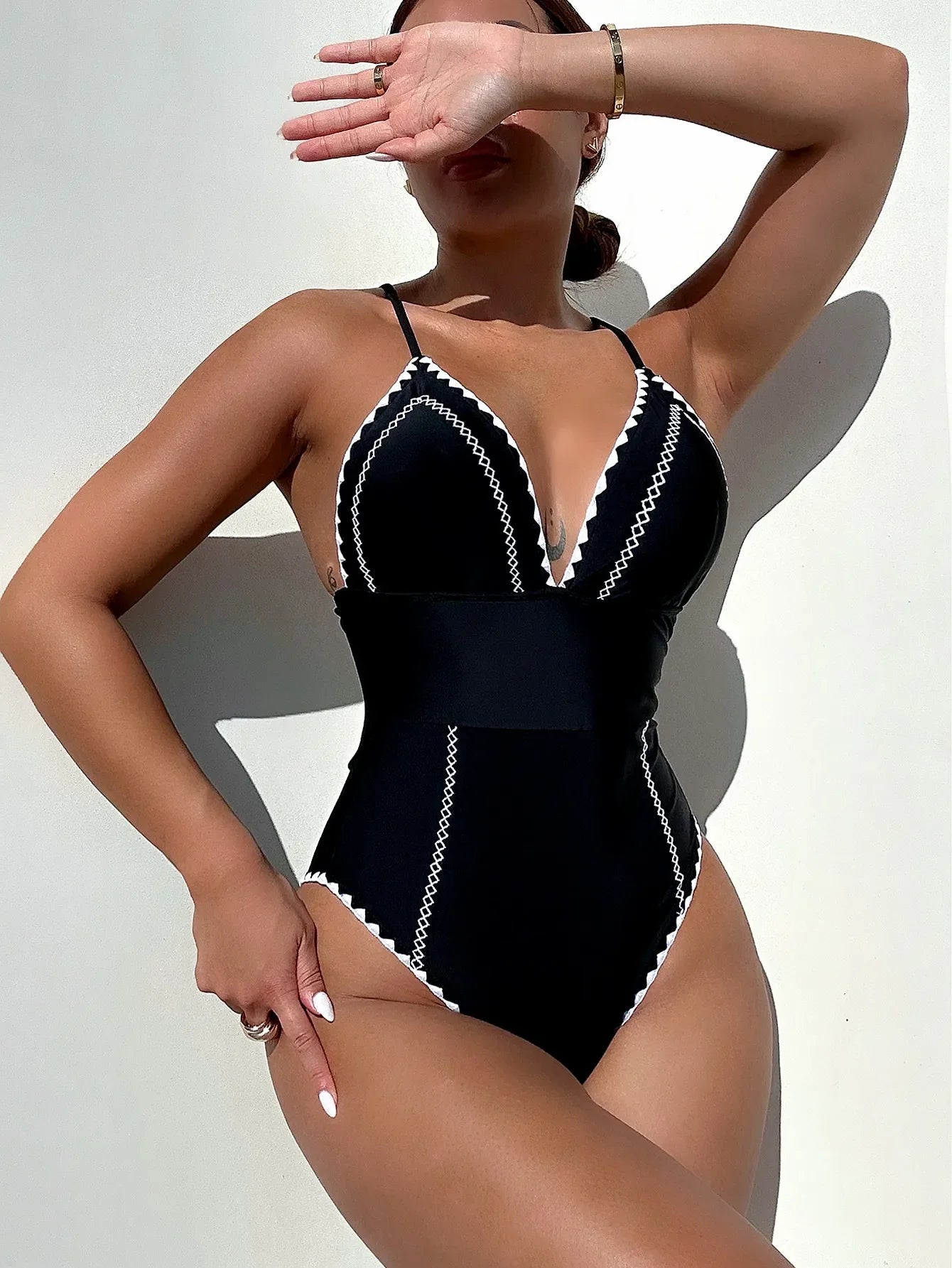 Black Knite One Piece Swimwear with Chest 2026 Women Patchwork V Neck Push Up Tummy Control Swimwear Beach Bathing Suit Monokini - -