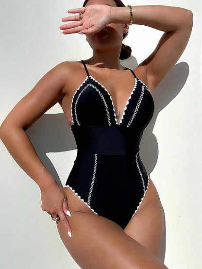 Black Knite One Piece Swimwear with Chest 2026 Women Patchwork V Neck Push Up Tummy Control Swimwear Beach Bathing Suit Monokini - -