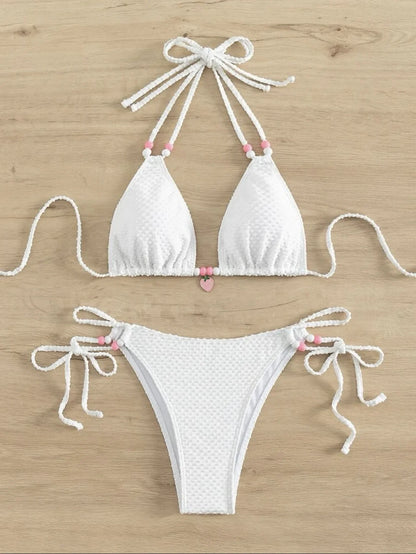 Sexy Pink Bikini 2024 Swimsuit Women White Pearl Strap Push Up Micro Swimwear Brazilian Bathing Suit Tie Side Thong Bikinis Sets - -