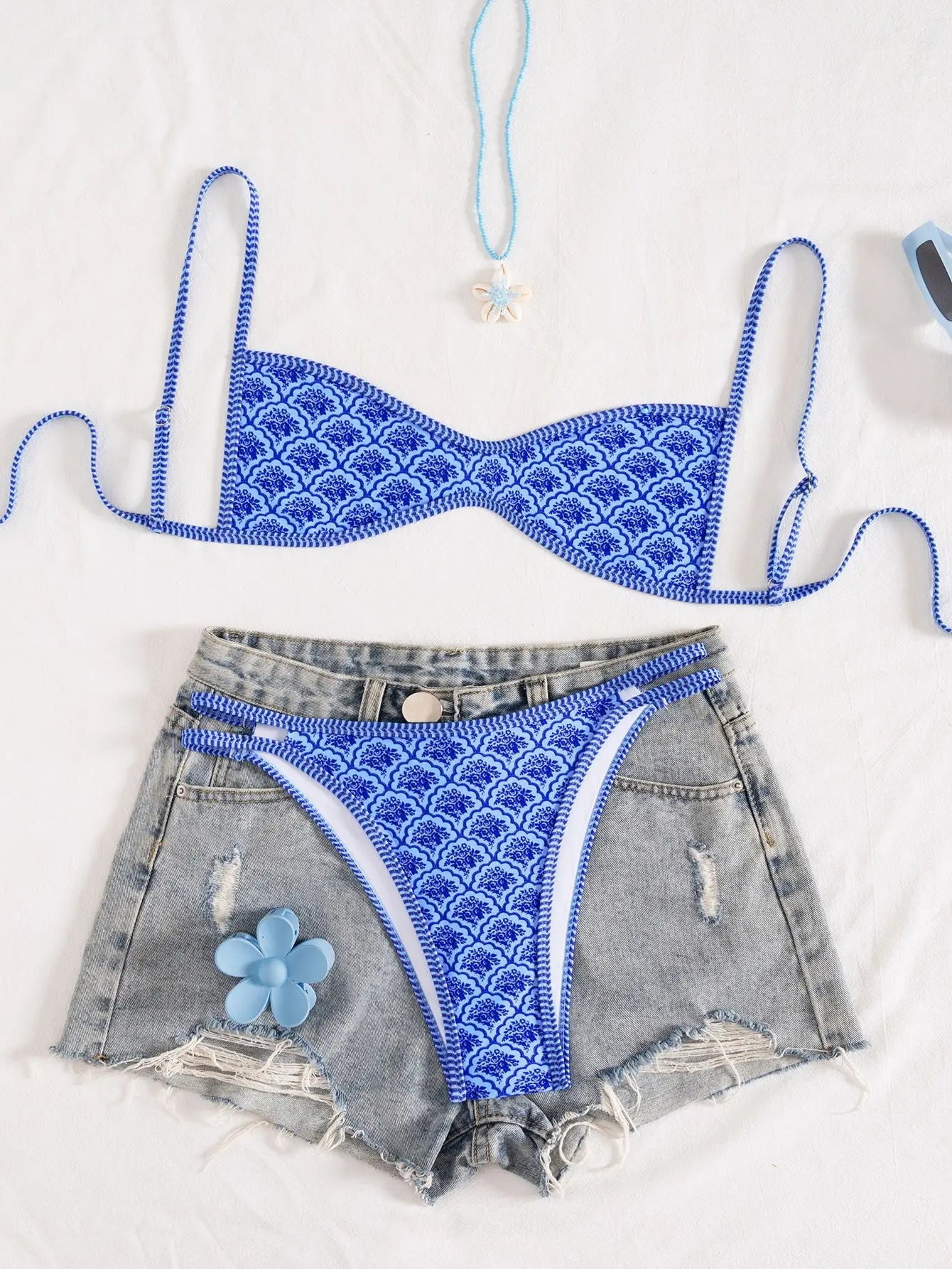 Sexy Coffee Polka Dot Print Bikini Set 2026 Women Pleate Push Up Bra Hollow Out Thong Swimsuit Summer Pool Bathing Suit Swimwear - Blue -