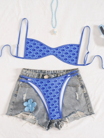 Sexy Coffee Polka Dot Print Bikini Set 2026 Women Pleate Push Up Bra Hollow Out Thong Swimsuit Summer Pool Bathing Suit Swimwear - Blue -