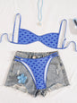 Sexy Coffee Polka Dot Print Bikini Set 2026 Women Pleate Push Up Bra Hollow Out Thong Swimsuit Summer Pool Bathing Suit Swimwear - Blue -