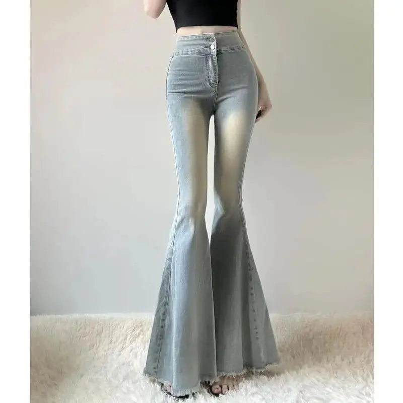 Fishtail Hem Denim Flare Pants - - Pants
