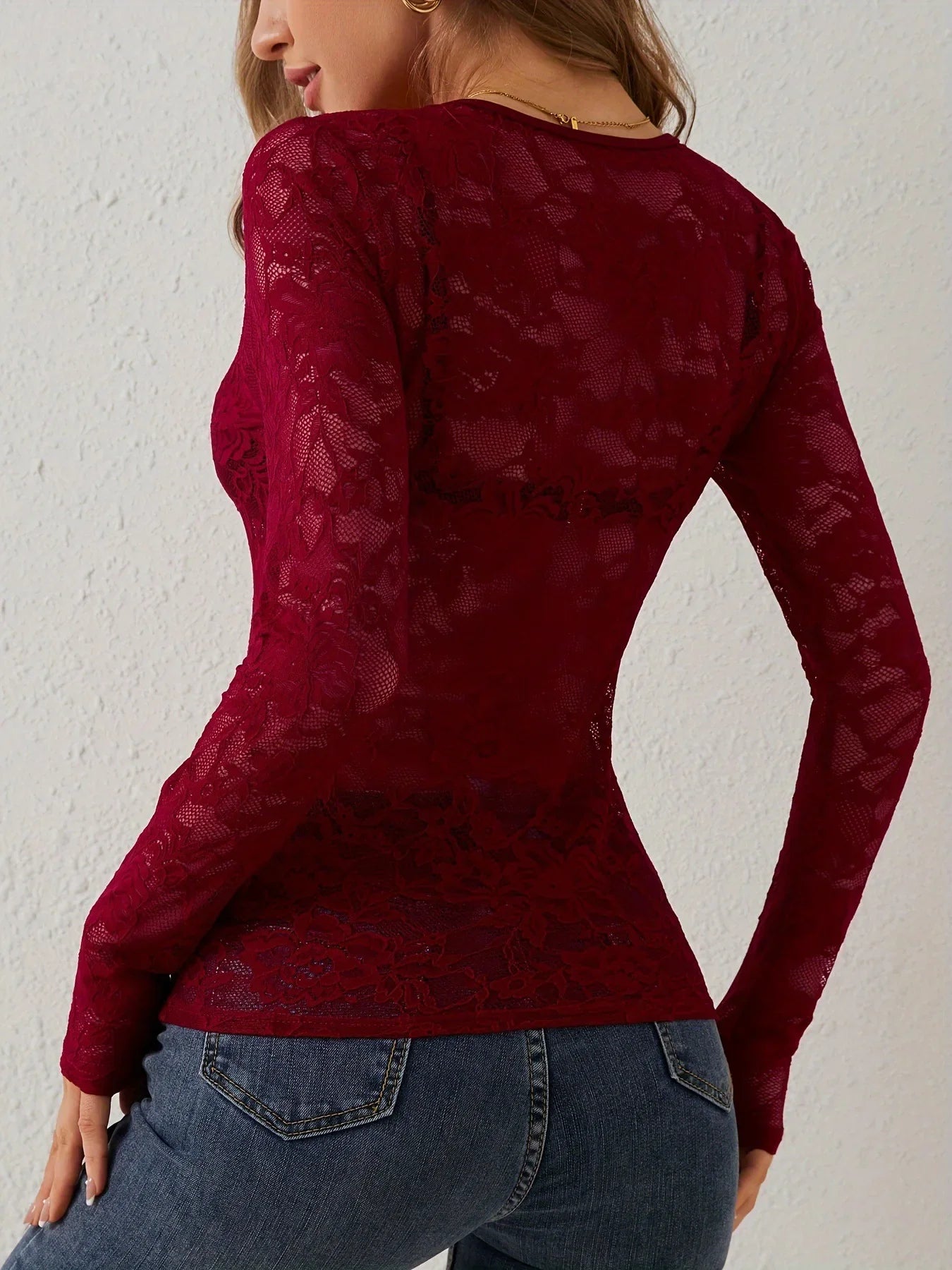 Women Sexy Base Layer Shirt Solid Black Sheer Lace Top Slim Flower Scallop Trim V Neck Long Sleeve T-shirt Trendy Tight Lace Top - -