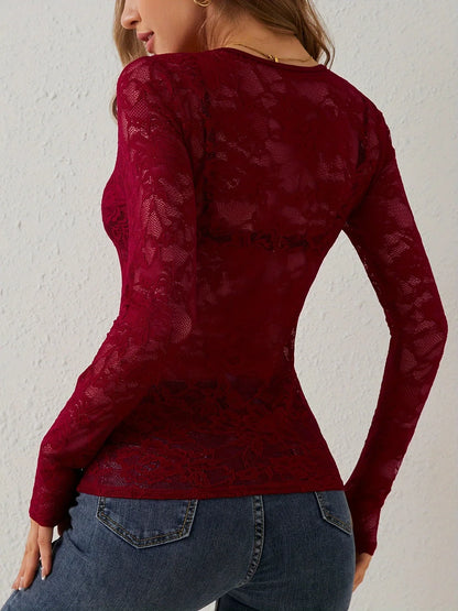 Women Sexy Base Layer Shirt Solid Black Sheer Lace Top Slim Flower Scallop Trim V Neck Long Sleeve T-shirt Trendy Tight Lace Top - -