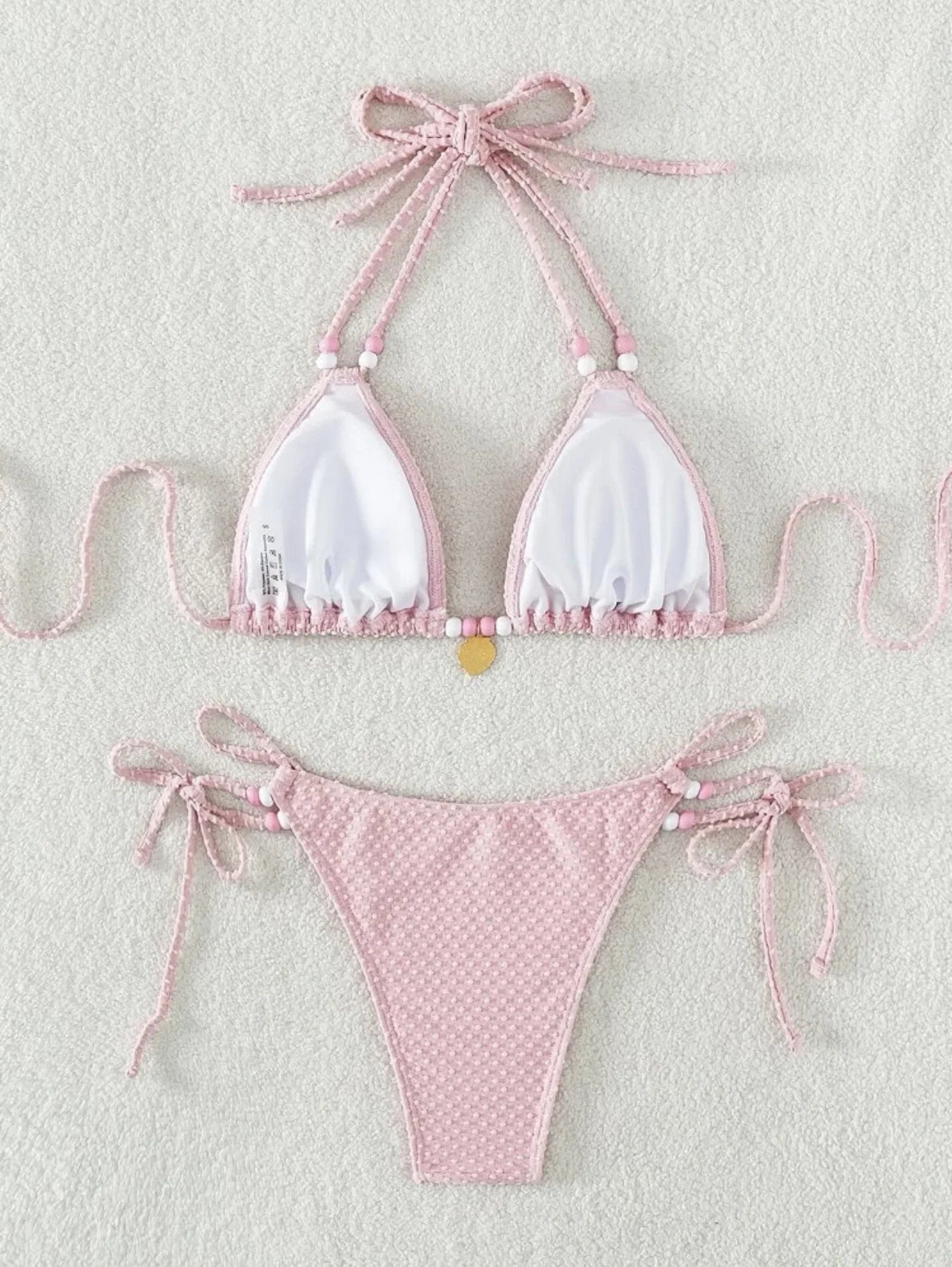 Sexy Pink Bikini 2024 Swimsuit Women White Pearl Strap Push Up Micro Swimwear Brazilian Bathing Suit Tie Side Thong Bikinis Sets - -