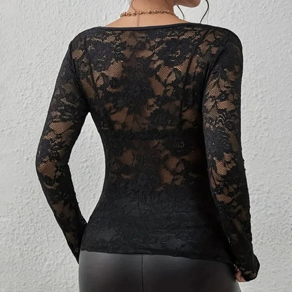 Women Sexy Base Layer Shirt Solid Black Sheer Lace Top Slim Flower Scallop Trim V Neck Long Sleeve T-shirt Trendy Tight Lace Top - -