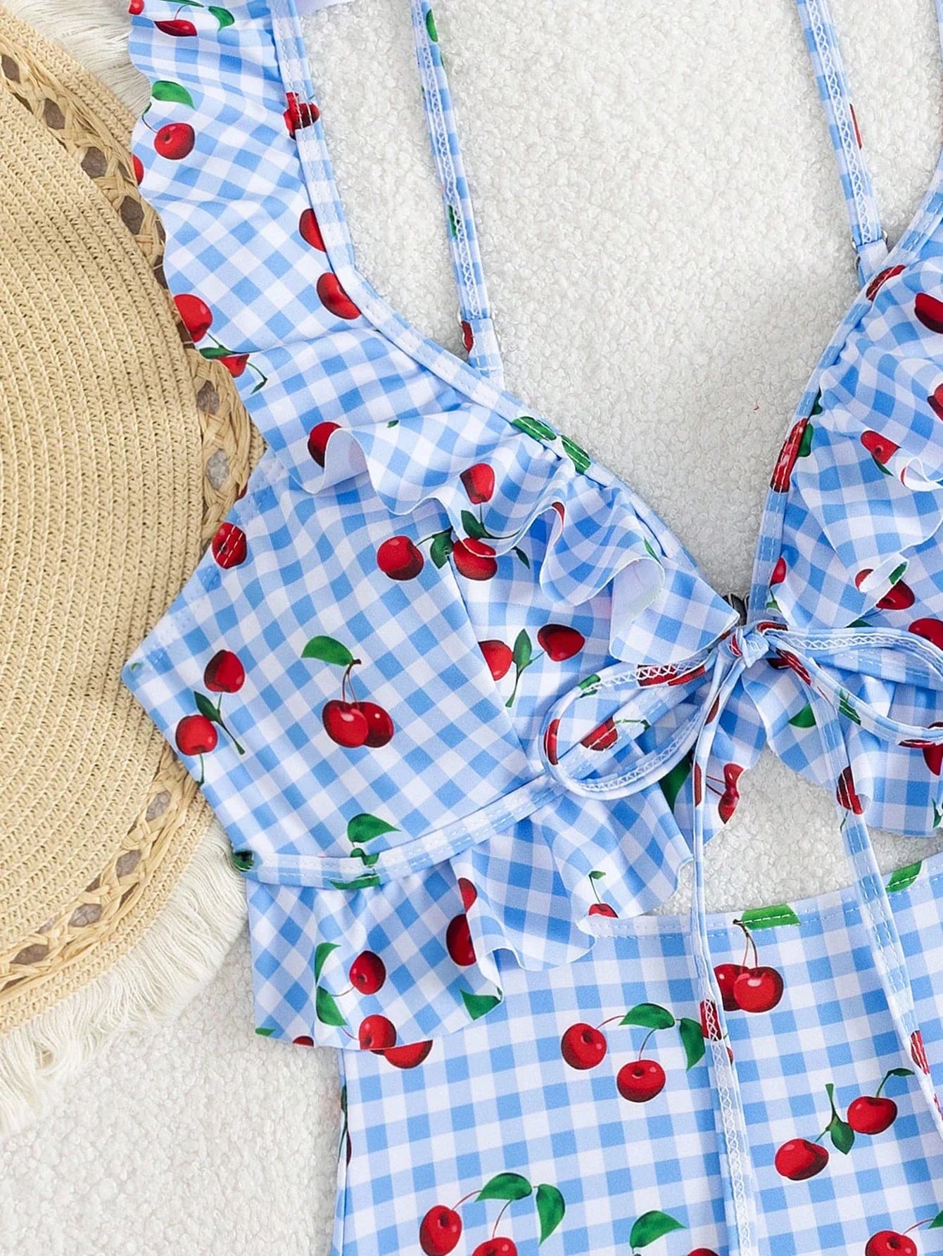 Vintage Pink Starberry Print One Piece Swimsuit 2026 Women Ruffles Bandage Cross High Waist Bikini Beach Bathing Suit Swimwear - -
