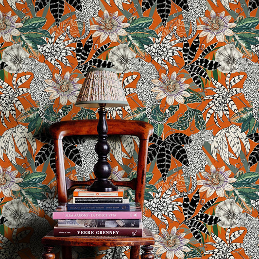Orange Botanical Floral Vinyl Wallpaper Kia Day Design