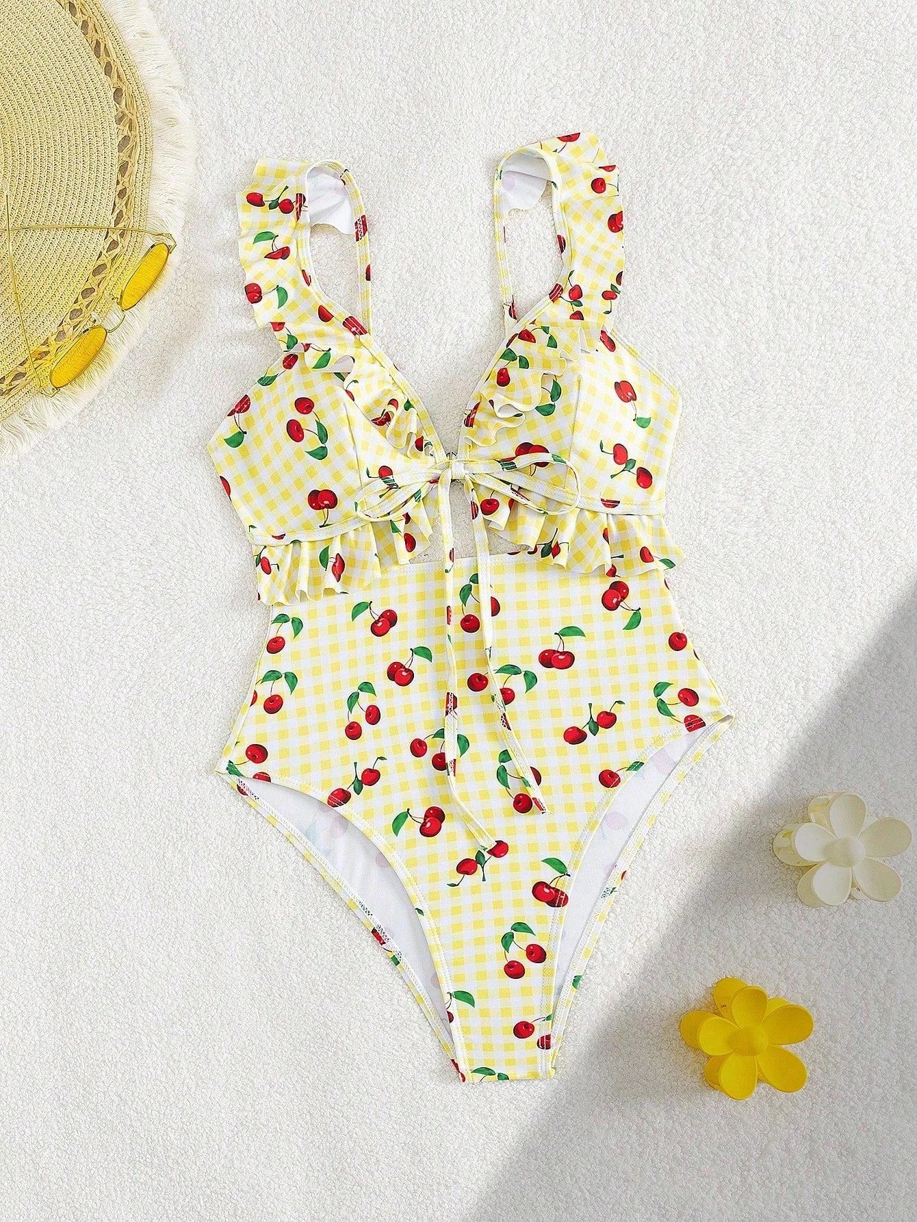 Vintage Pink Starberry Print One Piece Swimsuit 2026 Women Ruffles Bandage Cross High Waist Bikini Beach Bathing Suit Swimwear - Yellow -