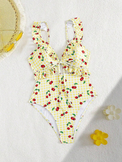 Vintage Pink Starberry Print One Piece Swimsuit 2026 Women Ruffles Bandage Cross High Waist Bikini Beach Bathing Suit Swimwear - Yellow -