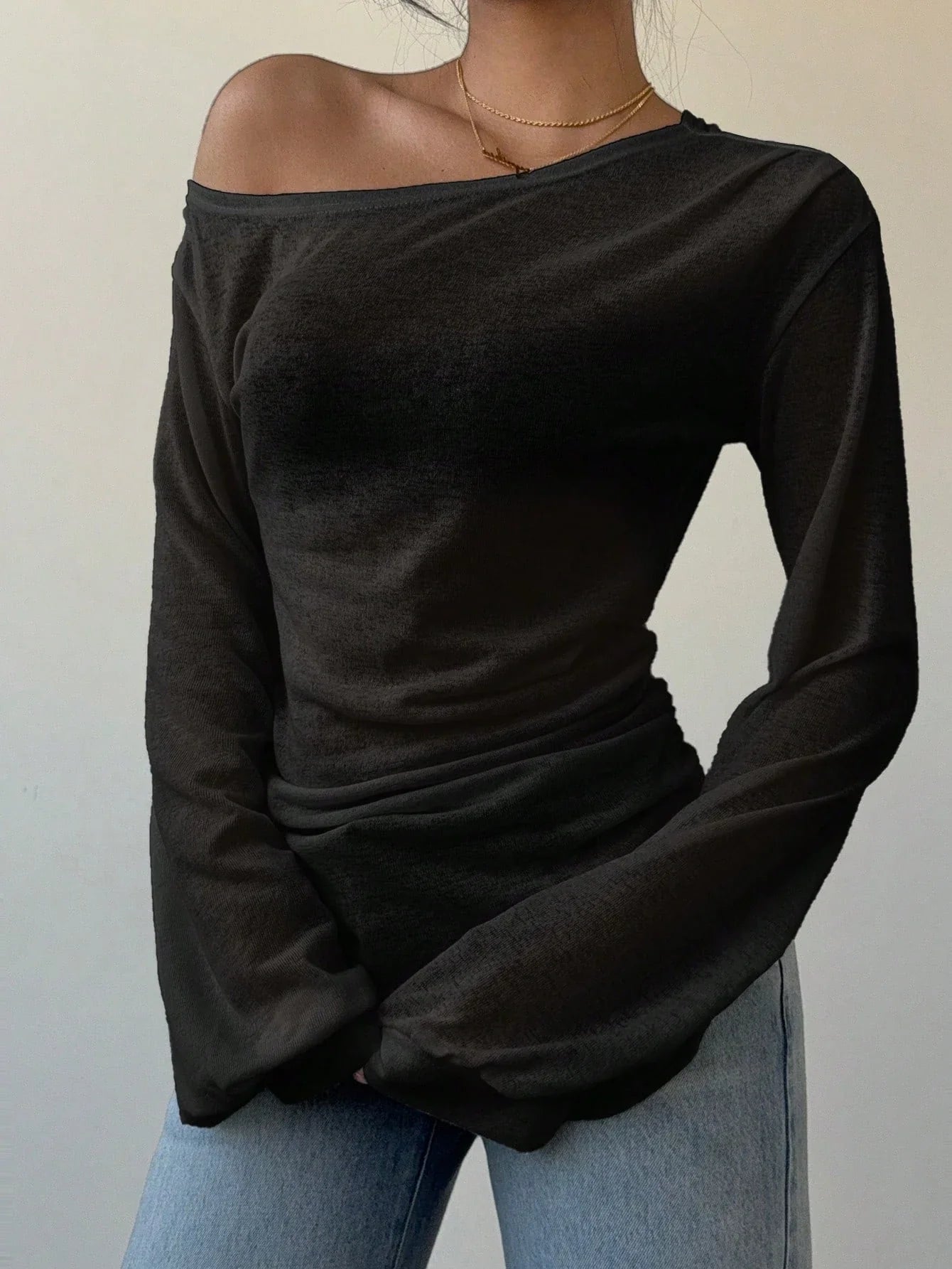 Women's Casual Solid Color Slope Collar Long Sleeved T-Shirt Loose Slouchy Style See-Through Off The Shoulder Top - -