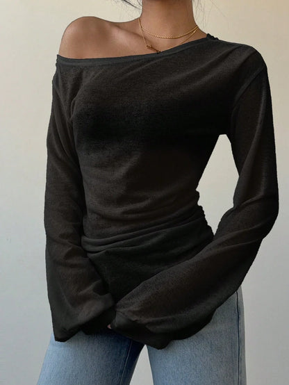 Women's Casual Solid Color Slope Collar Long Sleeved T-Shirt Loose Slouchy Style See-Through Off The Shoulder Top - -