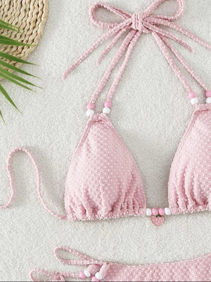 Sexy Pink Bikini 2024 Swimsuit Women White Pearl Strap Push Up Micro Swimwear Brazilian Bathing Suit Tie Side Thong Bikinis Sets - -