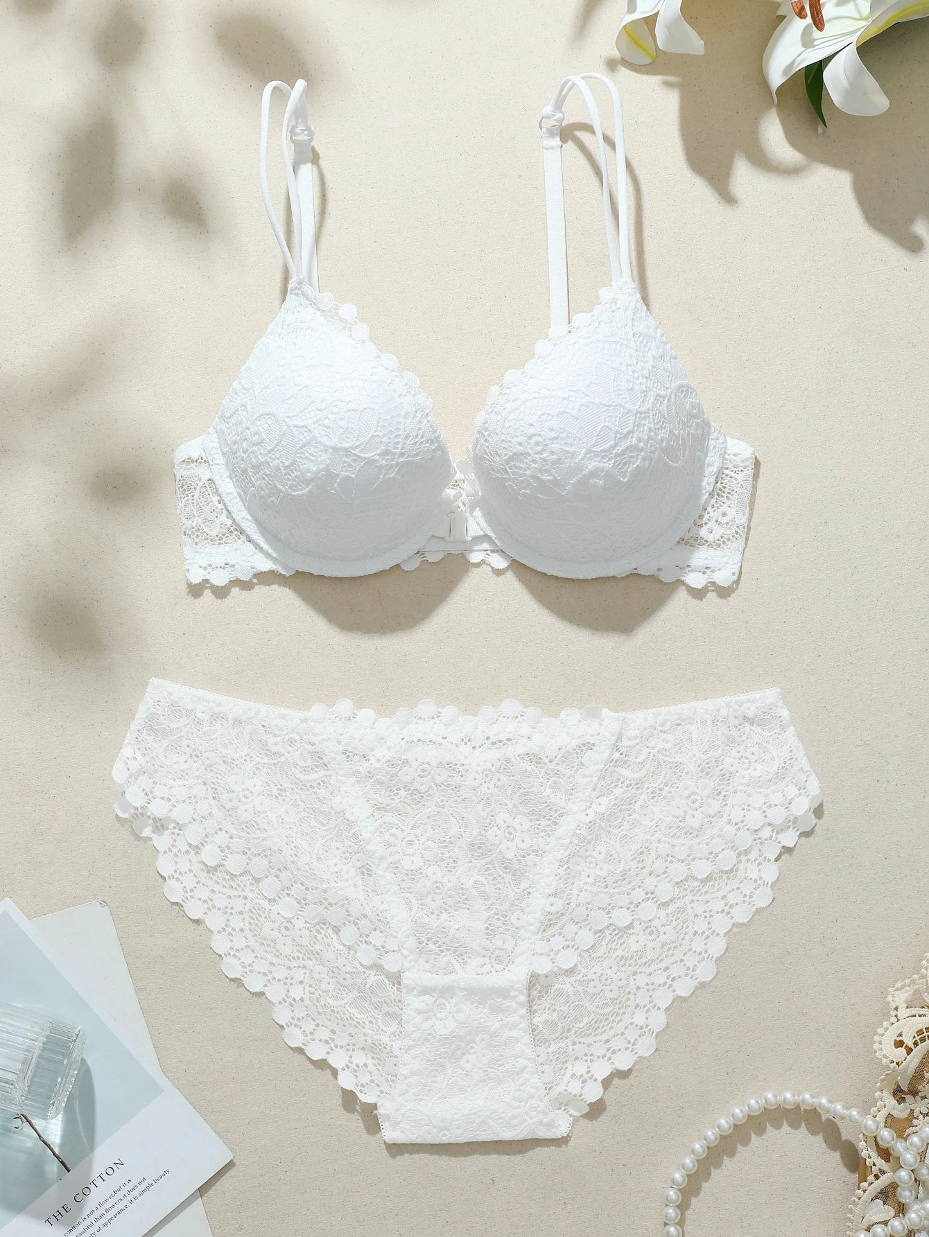 Women's White Lace Front Closure Lingerie Set, Double Strap Push Up Bra with Sexy Lace Trim ComfortableSemi-Sheer Panties - -