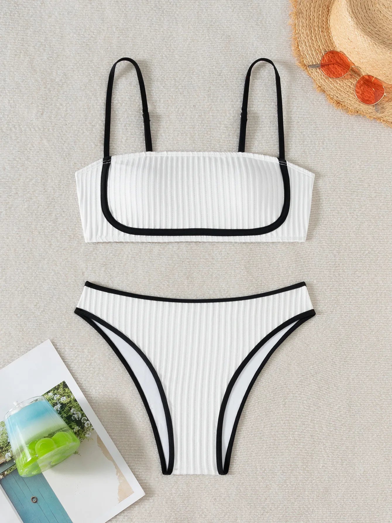2025 Rib Piping Bandeau High-Rise Bottoms Bikini Set Trendy Beachwear Straight Neckline High Rise Swimwear Swimsuit Bathing Suit - -